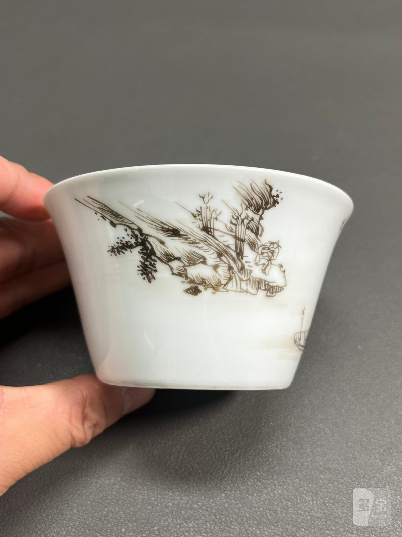 清雍正  墨彩山水人物马蹄杯 - 图9